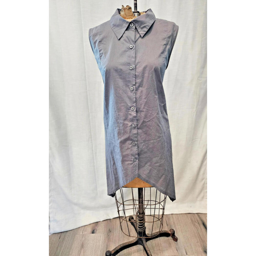 Norma Kamali Grey Sleeveless Handkerchief Hem Collared Button Up top Sz XXL
